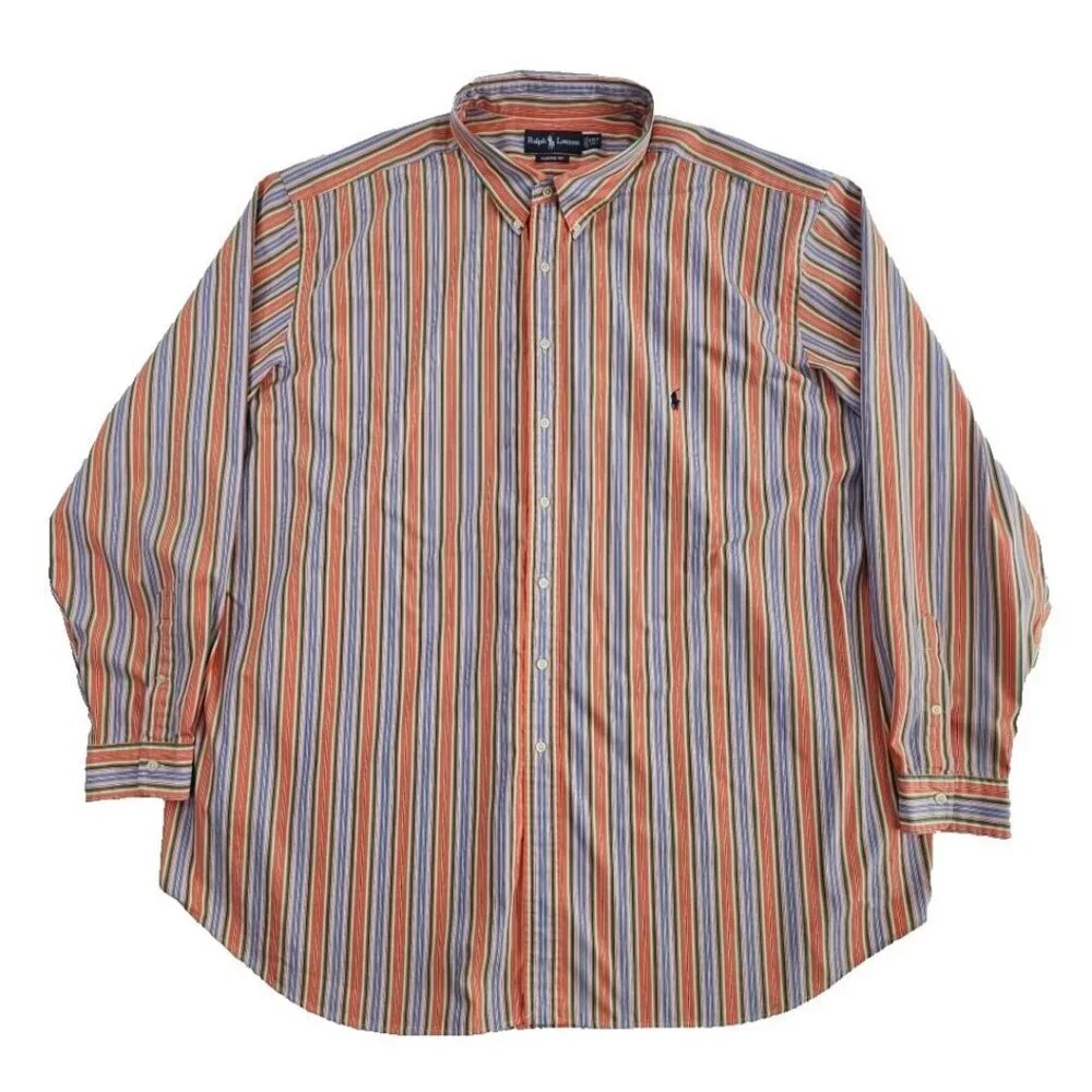 Polo Ralph Lauren Classic Fit Button‎ Down Shirt Men's 4XLT Orange Blue Stripe
